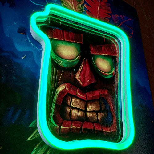 Wooden tiki mask with a LED neon green outline | KULORI