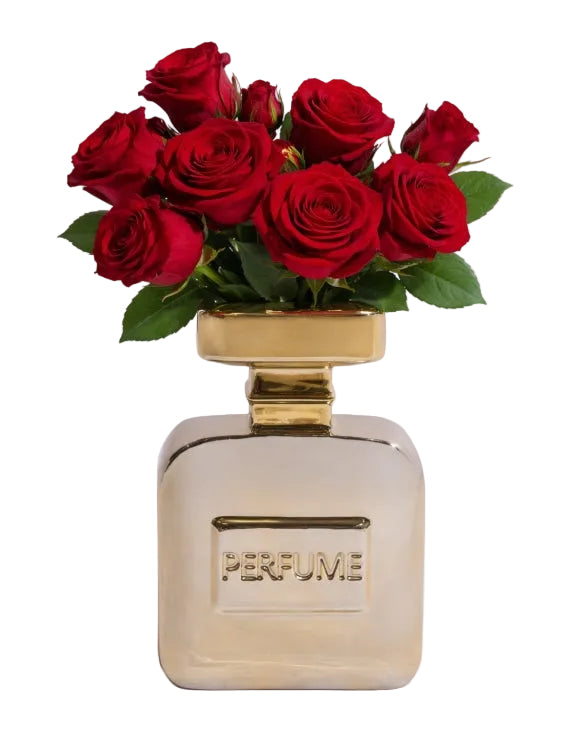 Gold perfume bottle with red roses | KULORI Malta & Gozo