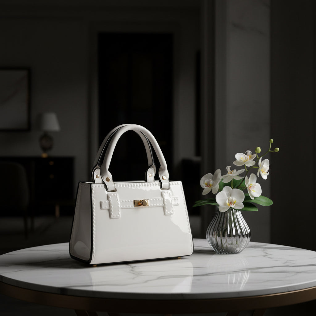 A glossy white patent ceramic handbag with structured double top handles, a front strap detail | KULORI