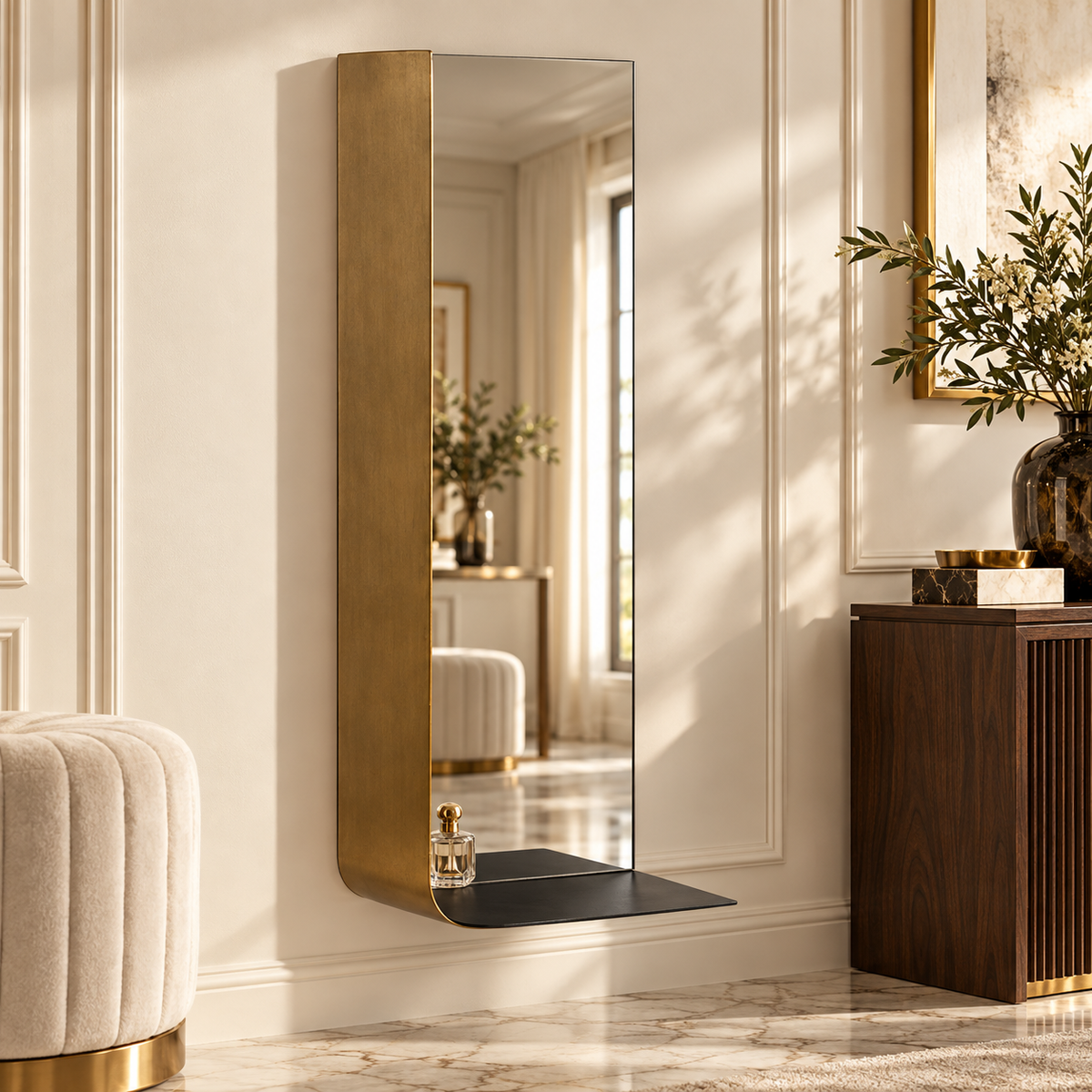 A tall, narrow wall mirror with a brushed gold frame and a black shelf-like base, mounted on a cream paneled wall in a styled interior room | KULORI Malta & Gozo