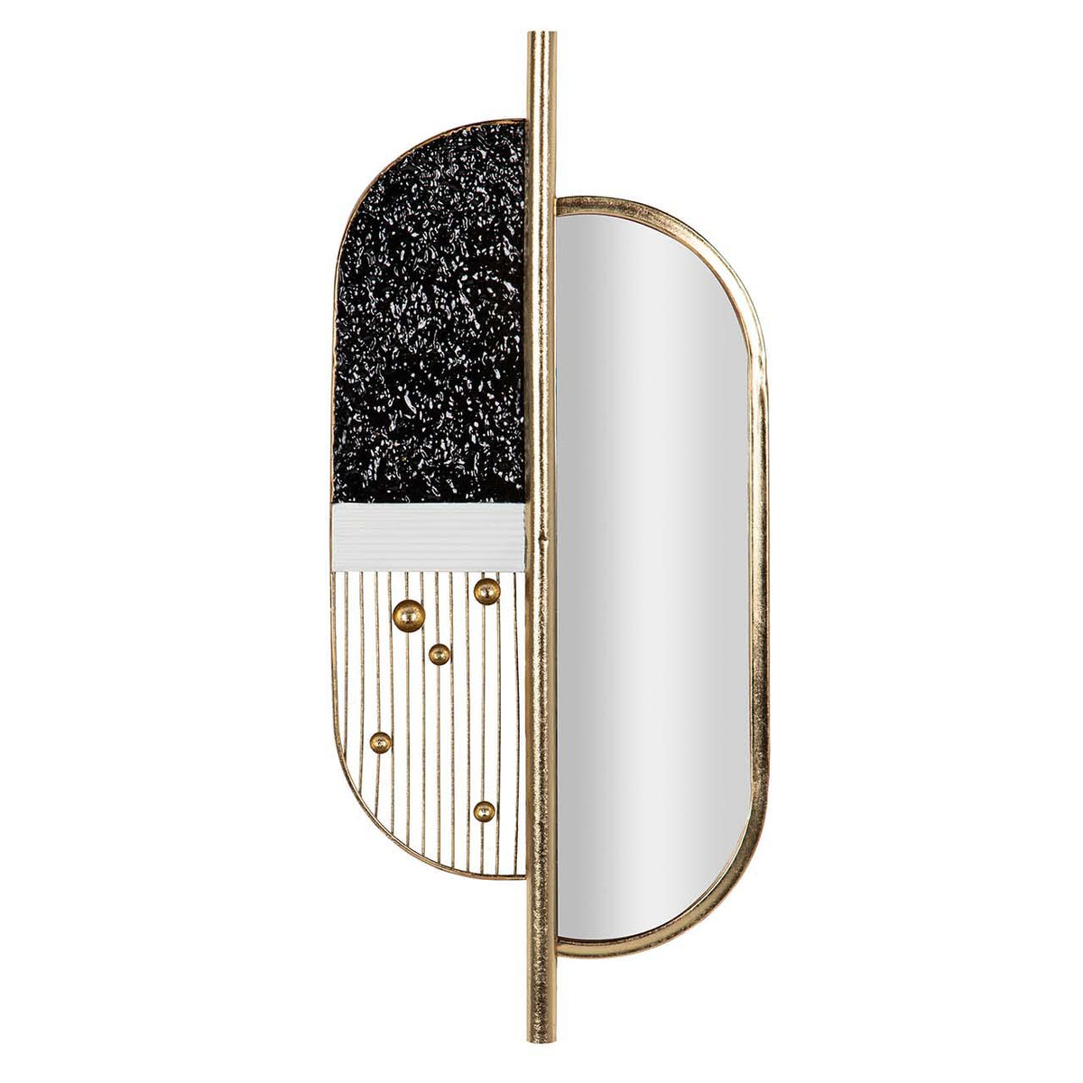 An oval wall mirror with a split design, featuring a textured black and white vertical panel on one side and a polished gold frame on the other | KULORI Malta & Gozo