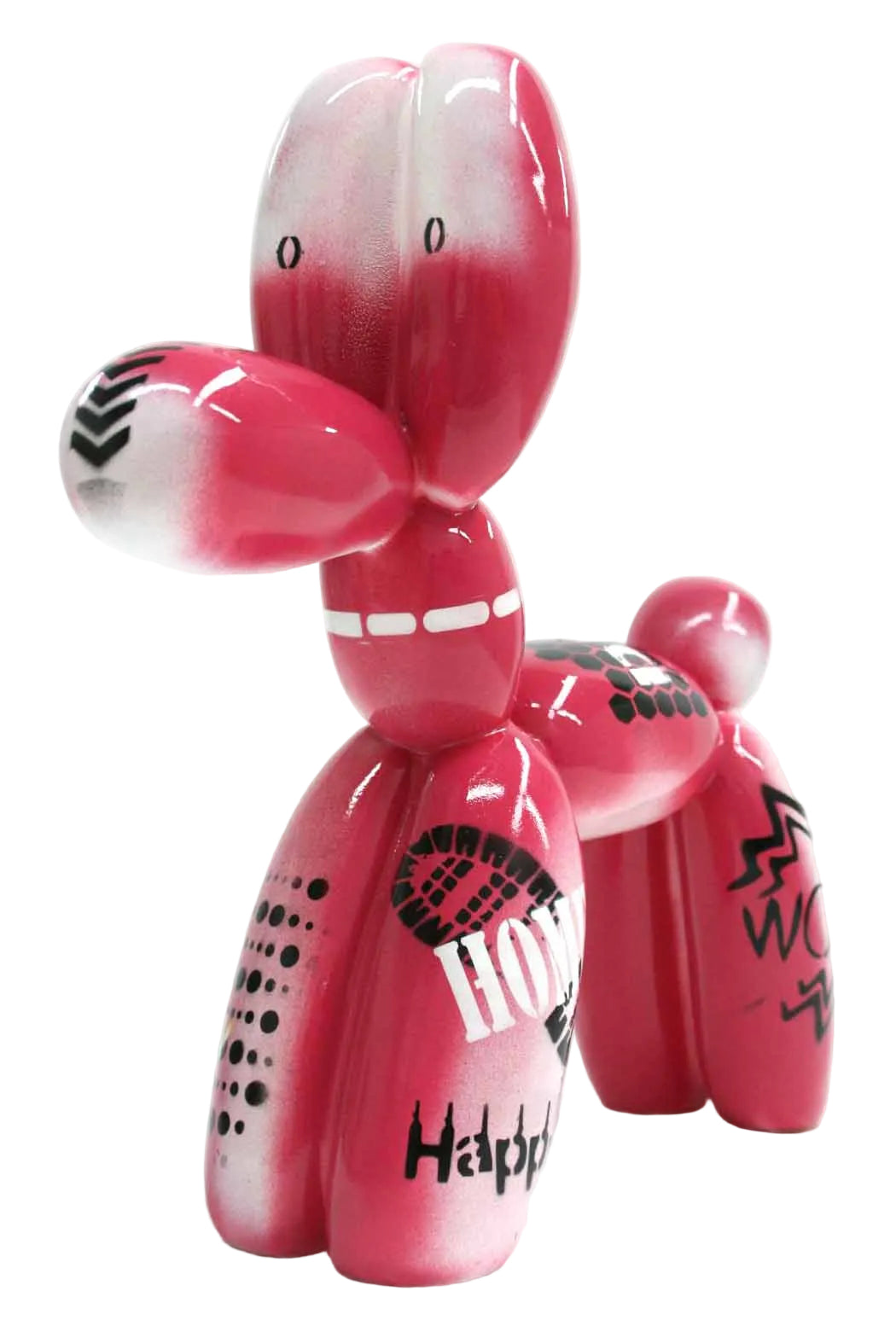 Pink balloon dog sculpture with graffiti text | KULORI