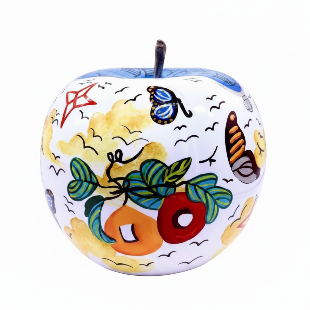 A decorative ceramic apple figurine with a white base, hand-painted with colourful motifs including green leaves | KULORI Malta & Gozo