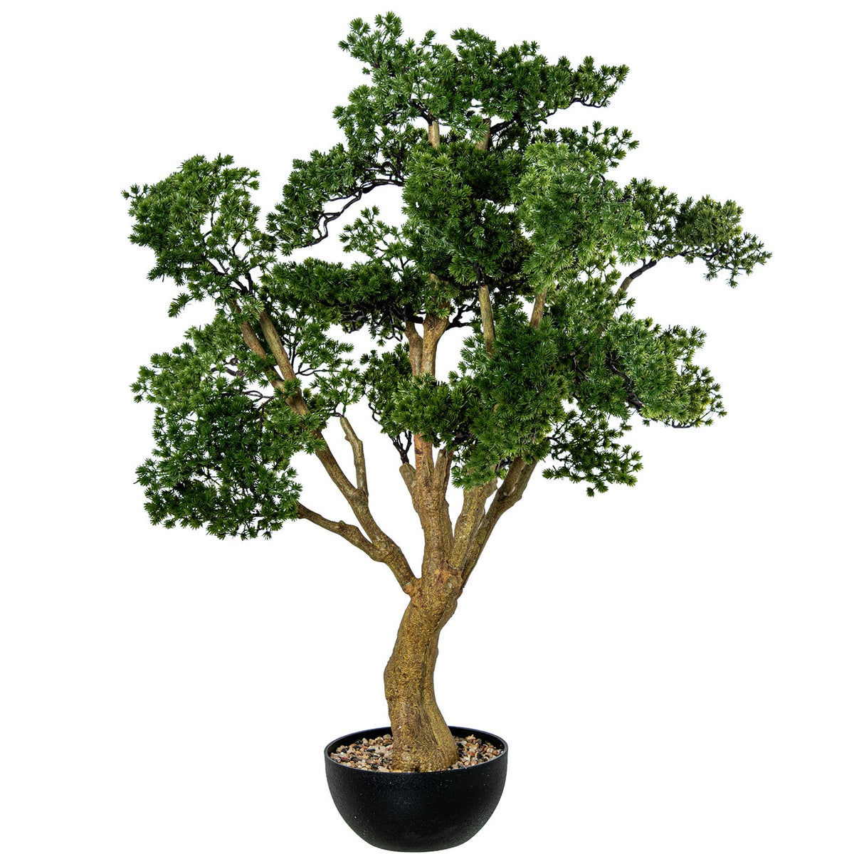 An artificial bonsai-style tree with dense green foliage and a curved brown trunk, planted in a black round pot filled with small pebbles, | KULORI Malta & Gozo