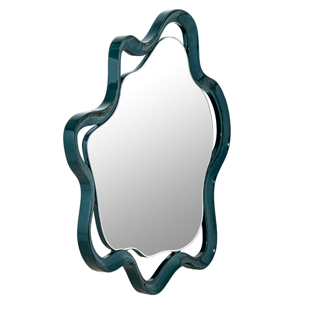 An asymmetrical wall mirror with a glossy, wavy dark teal-green frame | KULORI Malta & Gozo