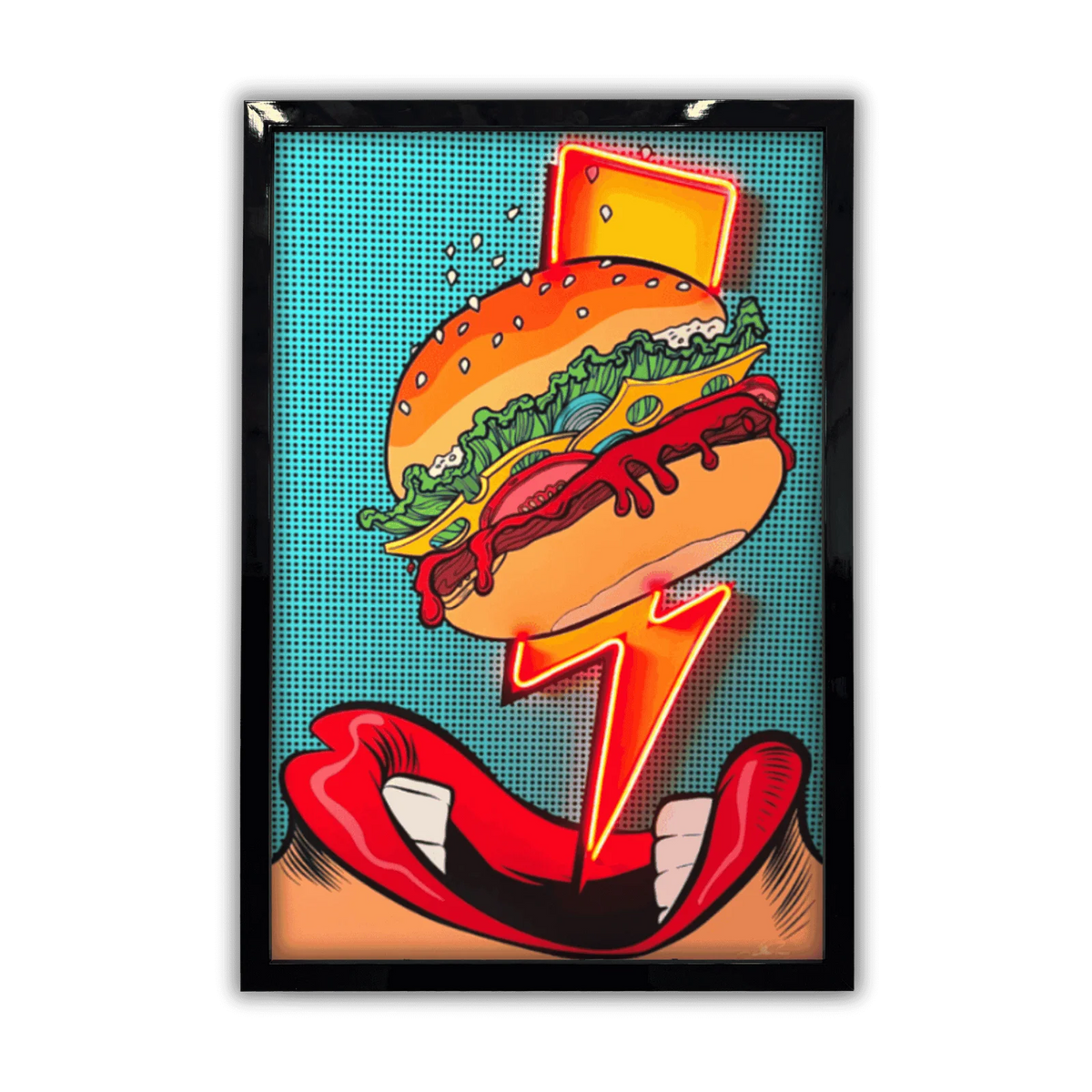 Flash Burger Pop Art LED wall art in Originals LED Wall Art finish - framed product view | KULORI