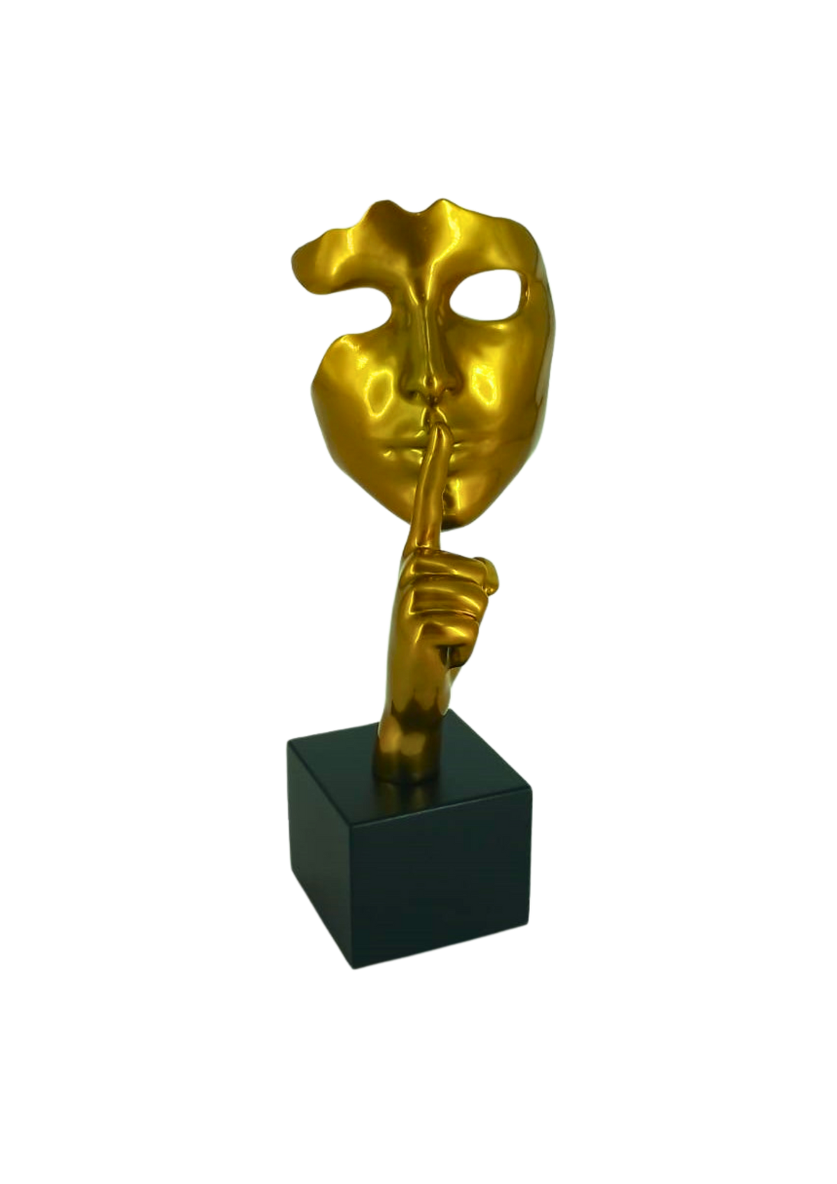 Gold mask sculpture with a hand covering its mouth on a black base against a white background | KULORI