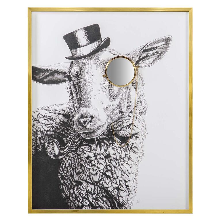 Framed artwork of a sheep wearing a top hat and monocle with a gold frame | KULORI