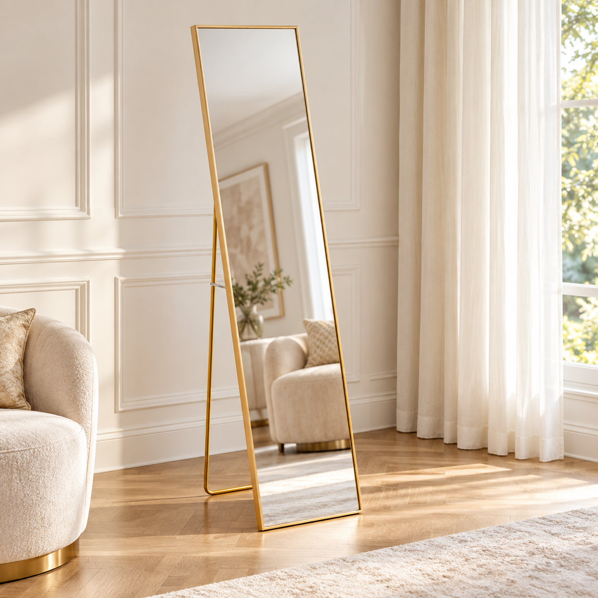 A tall floor mirror with a slim gold metal frame stands in a bright, elegant room with cream walls, wood floors, sheer curtains, and a matching cream armchair visible in the mirror reflection | KULORI Malta & Gozo