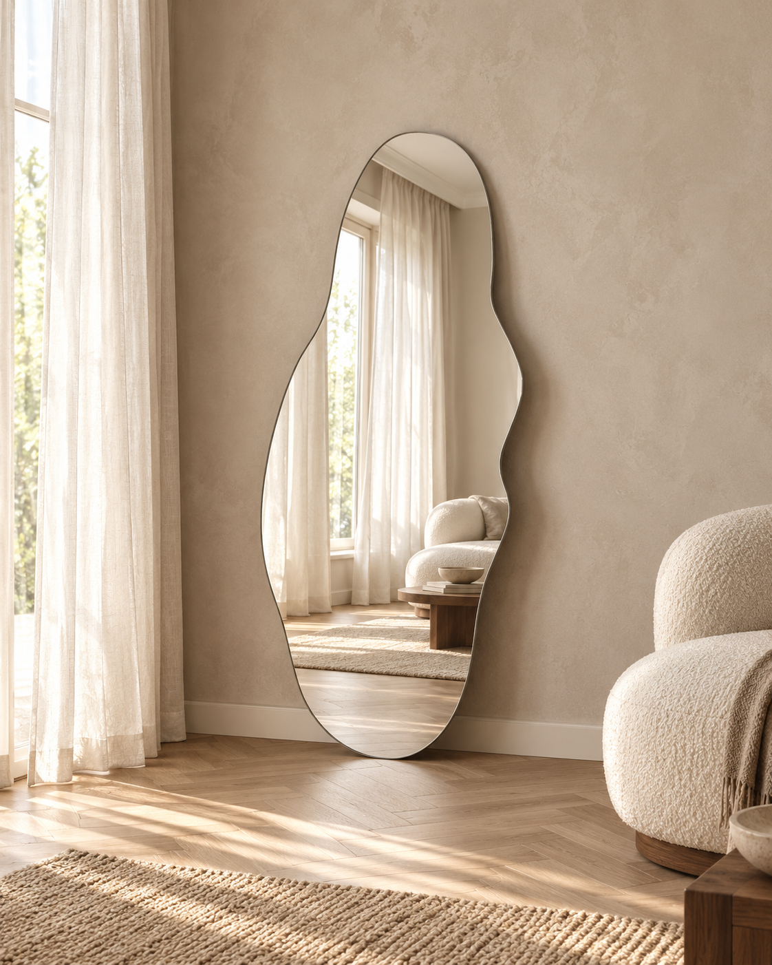 An organic-shaped floor mirror with a thin black frame stands against a textured beige wall in a bright, modern room. The mirror reflects a sunlit area with sheer curtains and a sofa, while the room features light wood flooring, a woven rug, and a textured cream boucle armchair An organic-shaped wall mirror with a soft, irregular outline | KULORI Malta & Gozo