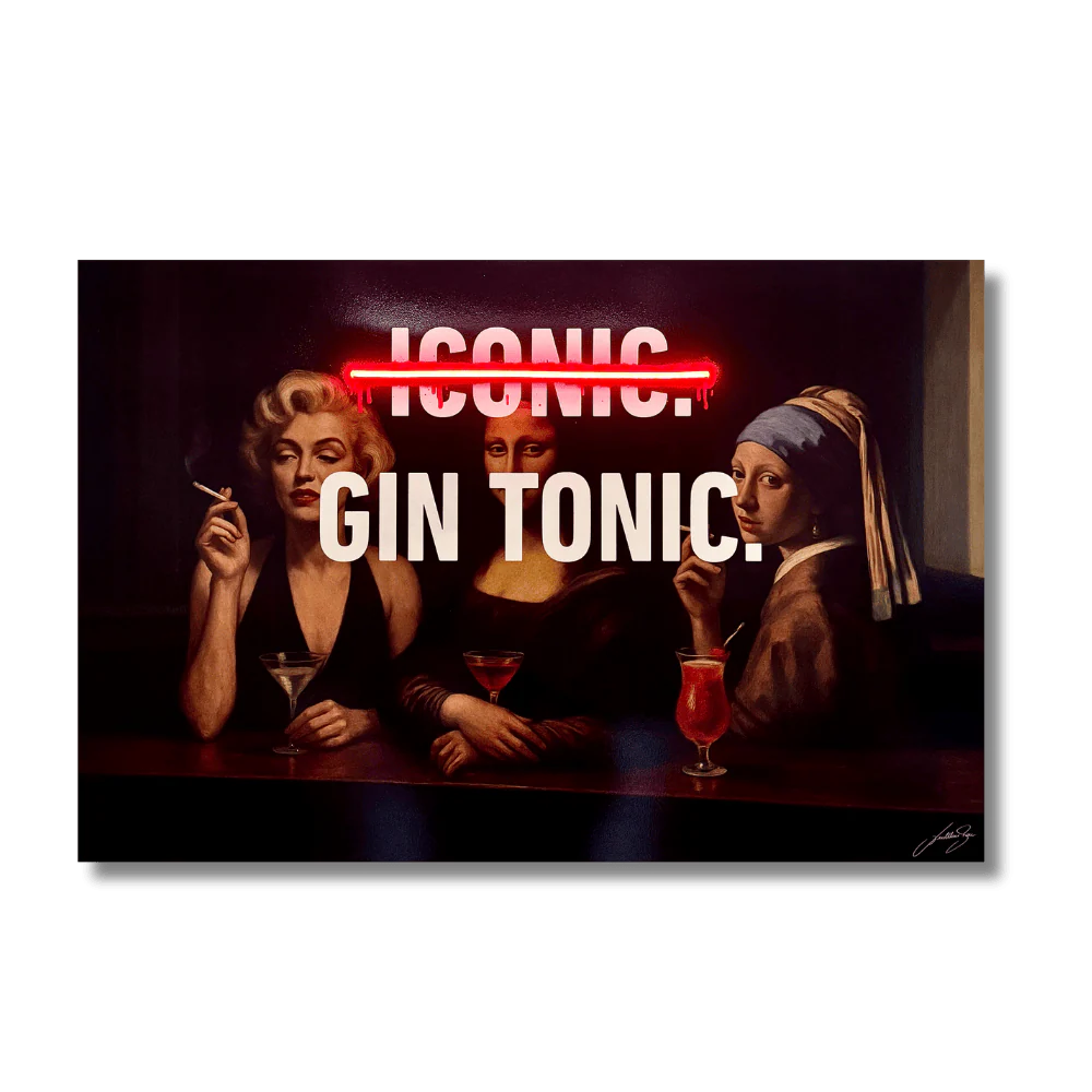 A rectangular wall art print or canvas featuring a dark, stylized bar scene with three women at a table, each holding a drink, overlaid with the text 'ICONIC GIN TONIC.' in large white letters and a red neon-style horizontal line.