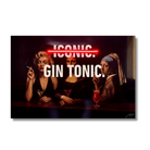 A rectangular wall art print or canvas featuring a dark, stylized bar scene with three women at a table, each holding a drink, overlaid with the text 'ICONIC GIN TONIC.' in large white letters and a red neon-style horizontal line.
