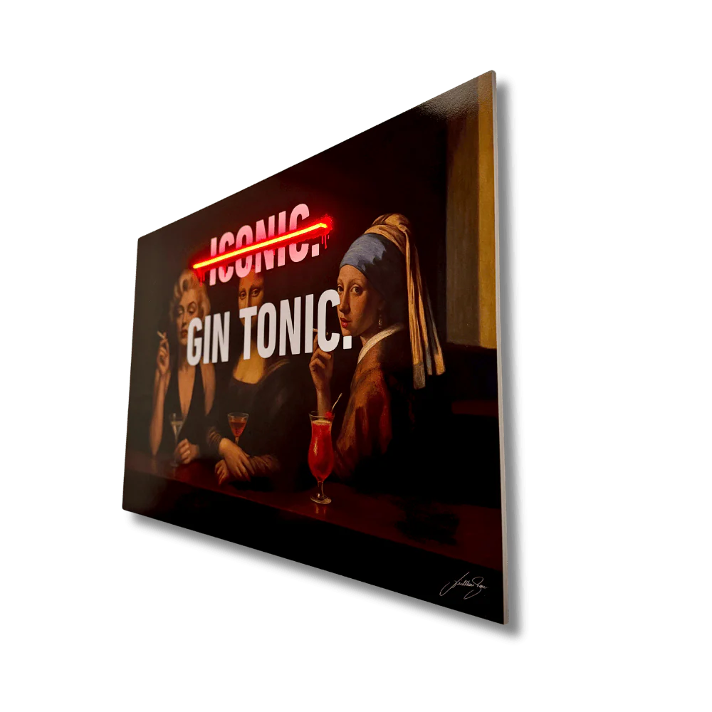 Decorative sign with 'Iconic Gin Tonic' text and a stylized depiction of a woman with a pearl earring.