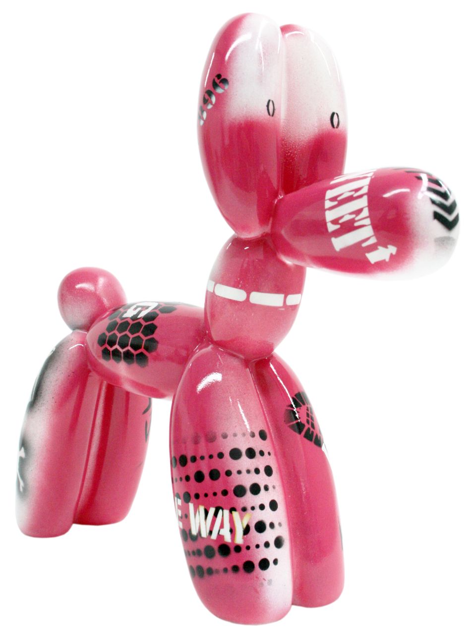 pink balloon dog sculpture with black and white graffiti text | KULORI