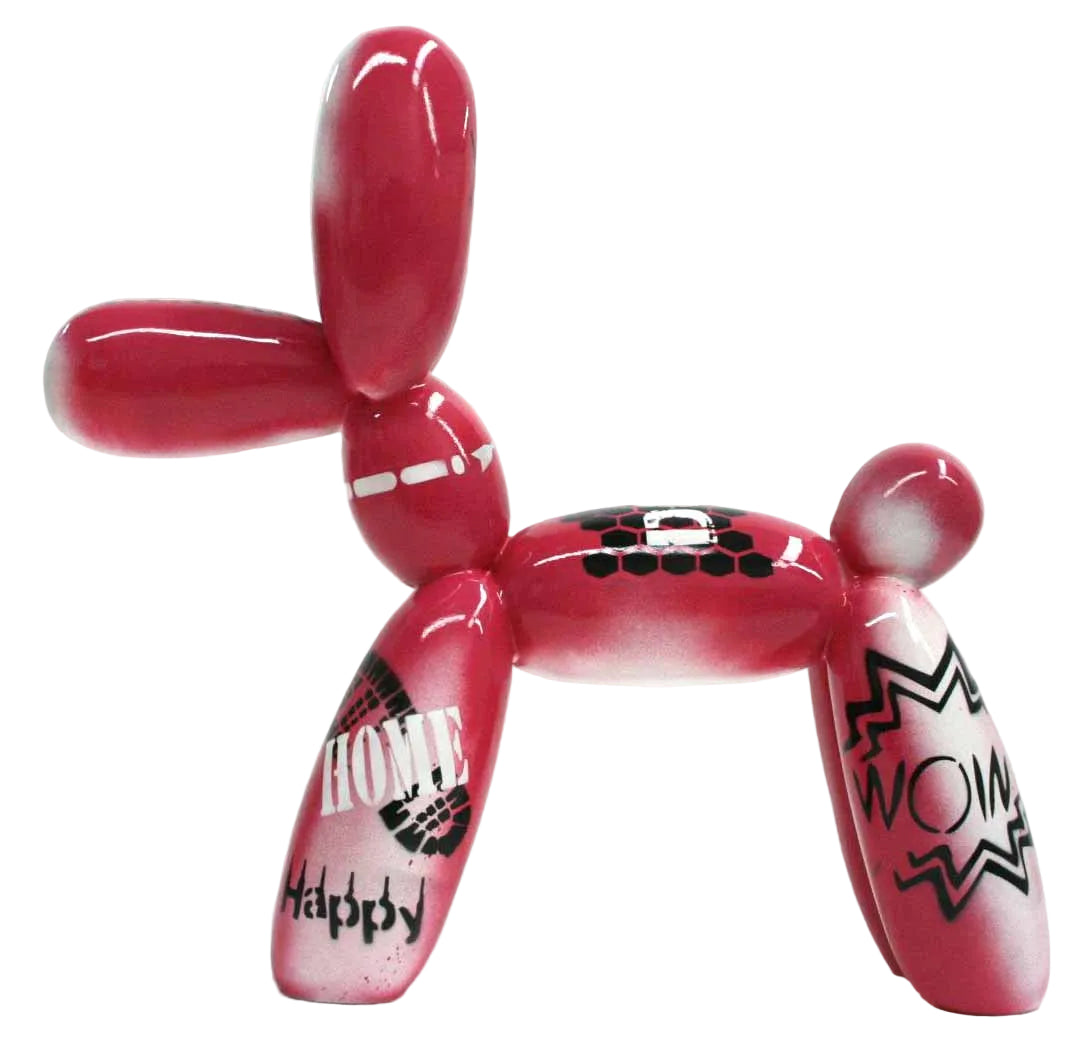Pink balloon dog sculpture with graffiti text | KULORI
