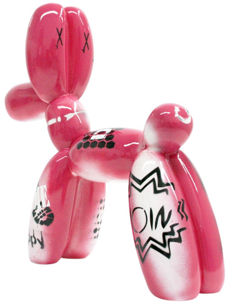 Pink balloon dog sculpture with black graffiti designs | KULORI