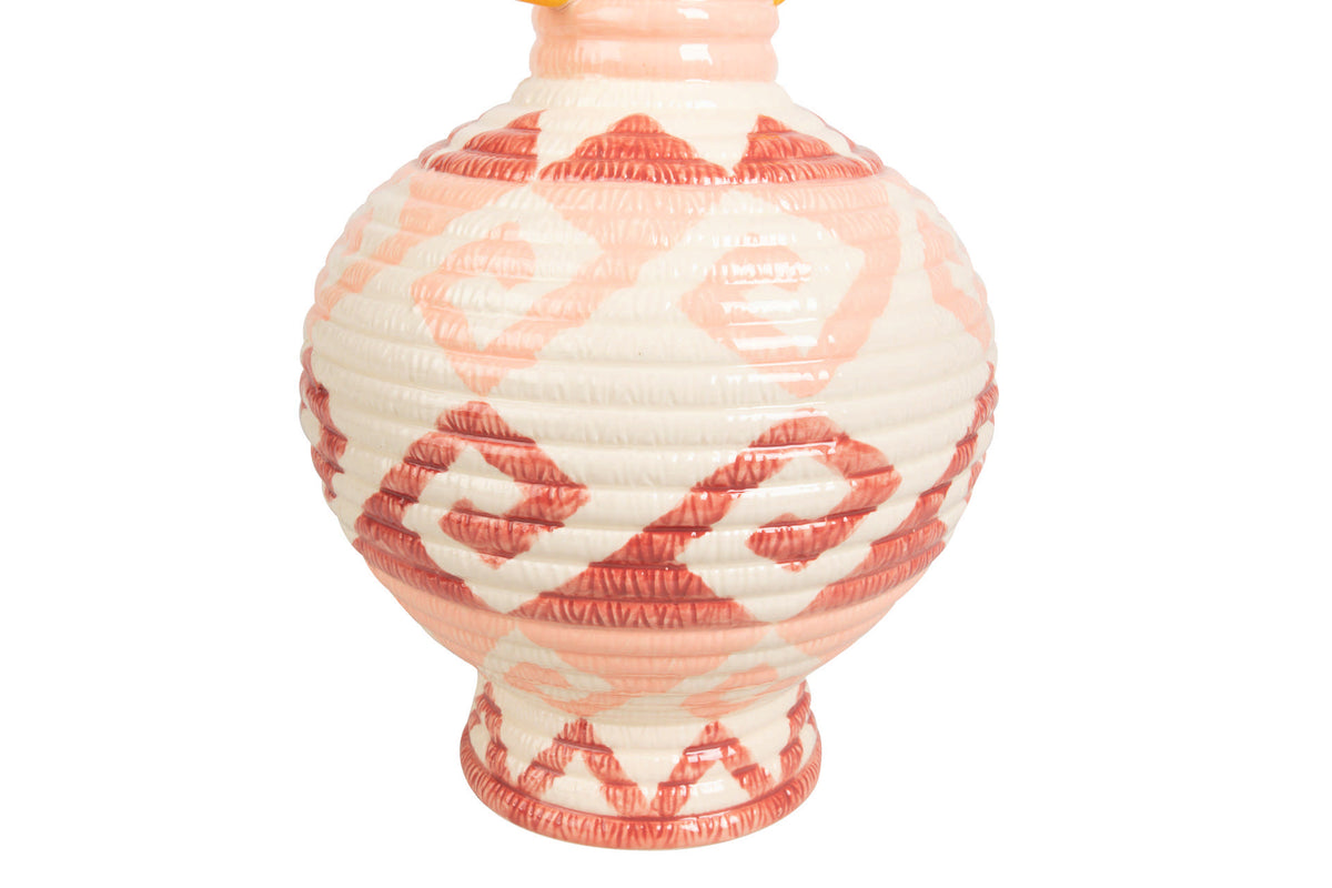 A ceramic vase with a rounded body and narrow neck, decorated with a textured, ribbed pattern in coral red and cream | KULORI Malta & Gozo