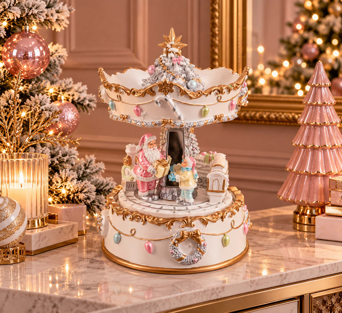 A decorative two-tiered Christmas carousel music box with gold trim and pastel-colored figurines, displayed on a marble console table in a festive holiday room setting.