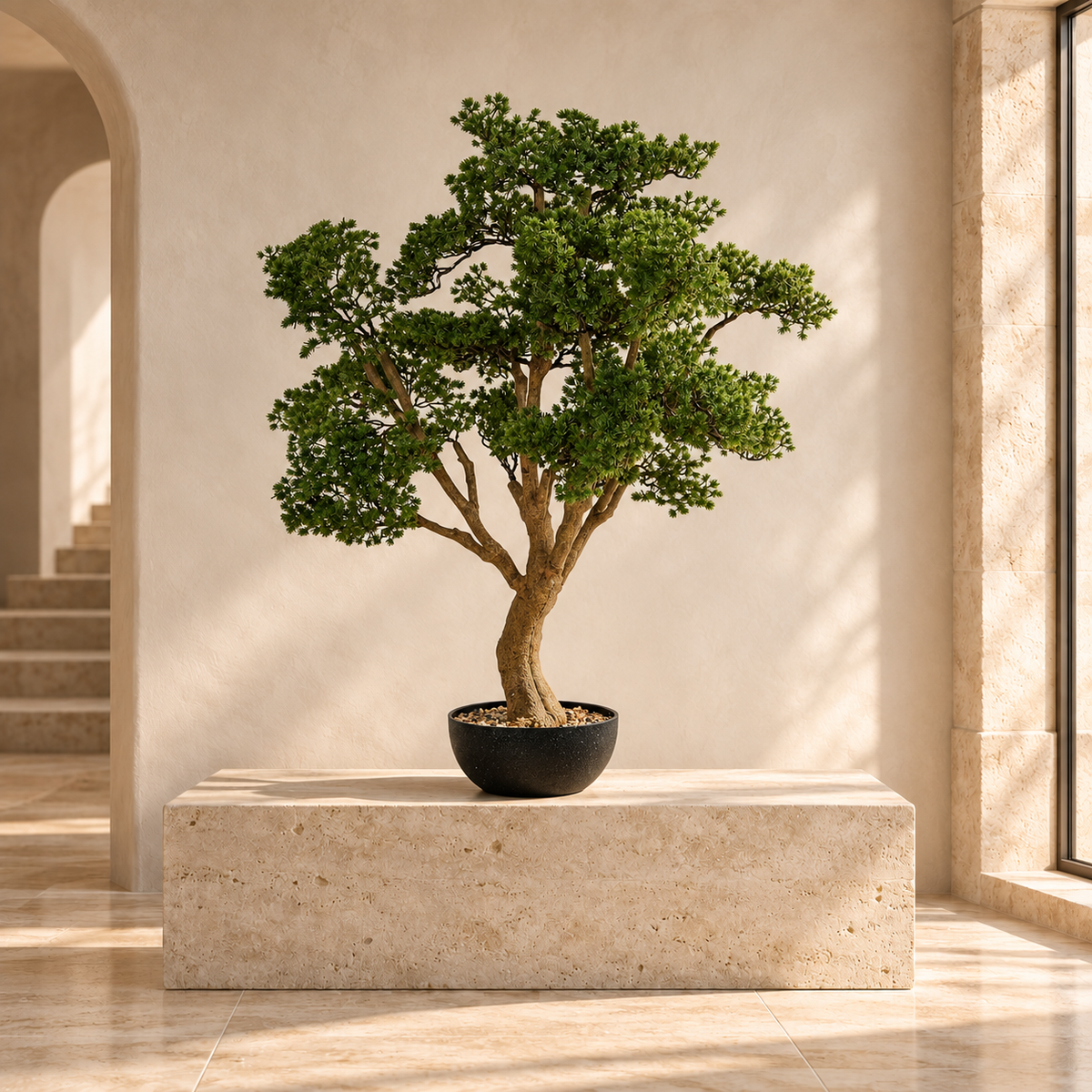 A potted bonsai-style tree with dense green foliage and a tan trunk, displayed on a rectangular stone pedestal in a sunlit interior with cream walls and a window  | KULORI Malta & Gozo