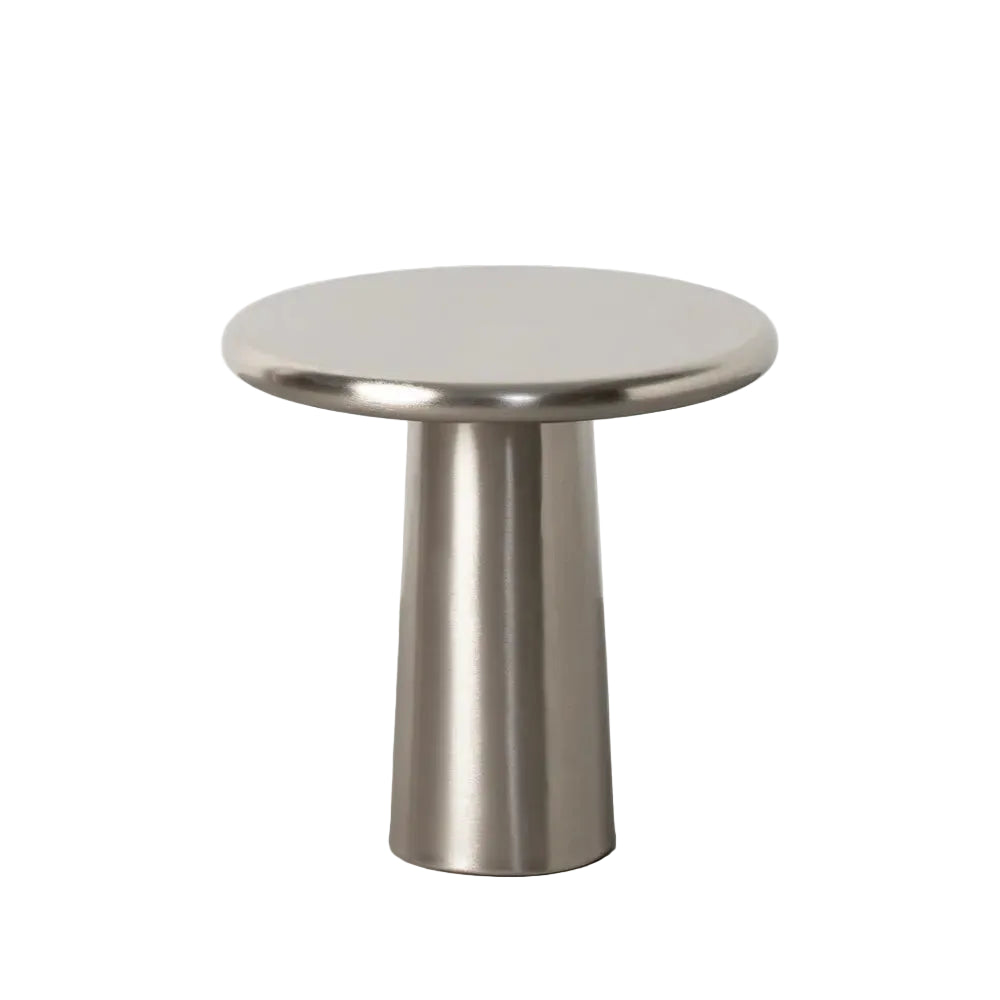 A modern round side table with a brushed metal pedestal base | KULORI Malta & Gozo