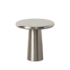 A modern round side table with a brushed metal pedestal base | KULORI Malta & Gozo