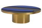 A modern round coffee table with a brushed brass base and frame, featuring a black and blue striped top | KULORI Malta & Gozo