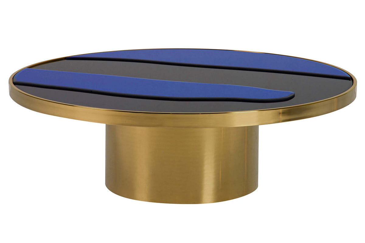A modern round coffee table with a brushed brass base and frame, featuring a black and blue striped top | KULORI Malta & Gozo