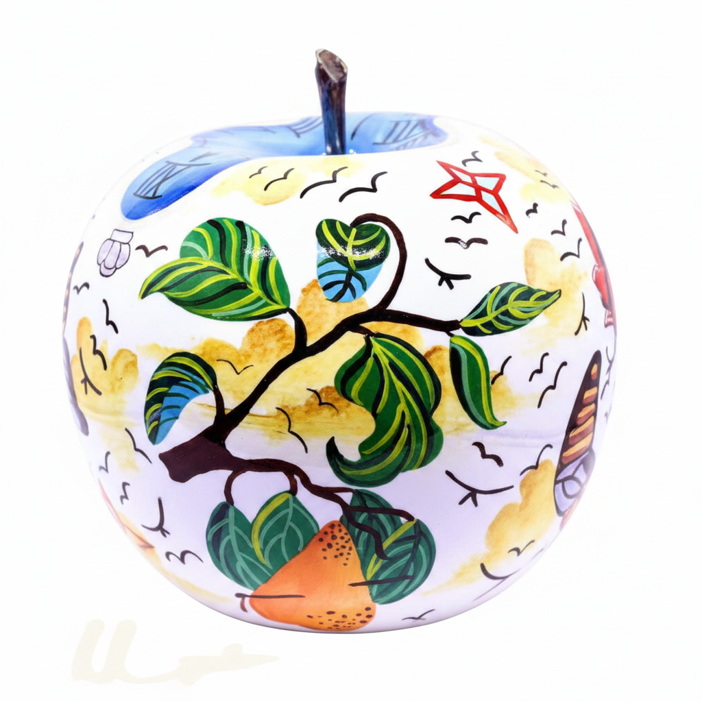 A decorative apple-shaped object with a white base and hand-painted multicolour designs, including green leaves | KULORI Malta & Gozo