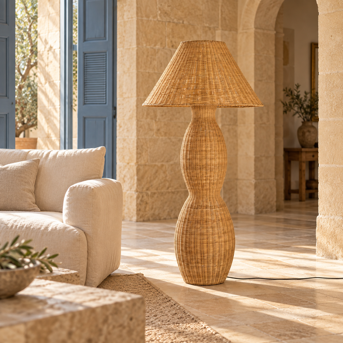 A tall floor lamp with a woven natural rattan shade and a sculptural double-bulb base in a warm beige tone, set in a sunlit stone interior next to a cream sofa  | KULORI Malta & Gozo
