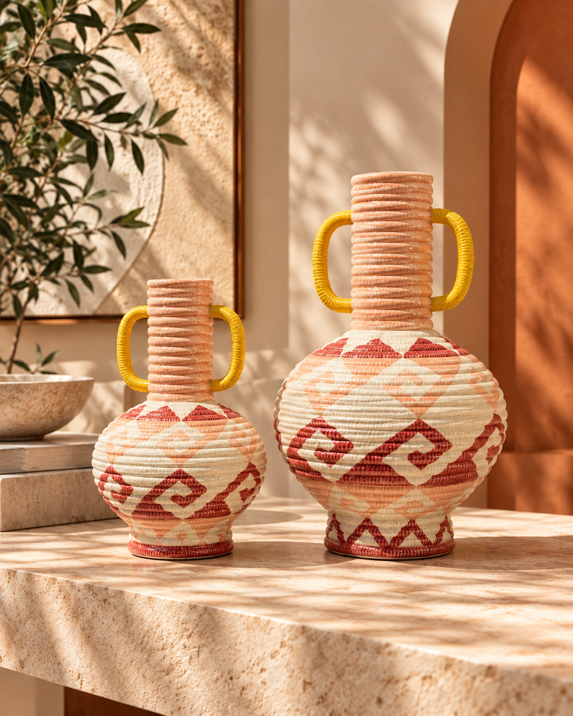 Two decorative woven ceramic vases with yellow handles and red geometric patterns, displayed on a stone table in a warm, sunlit interior setting | KULORI Malta & Gozo