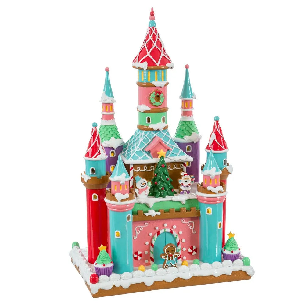 A colorful gingerbread castle decoration with red, pink, teal, green, and white icing-like details, snow-dusted edges, and small holiday figures and trees on a white background.