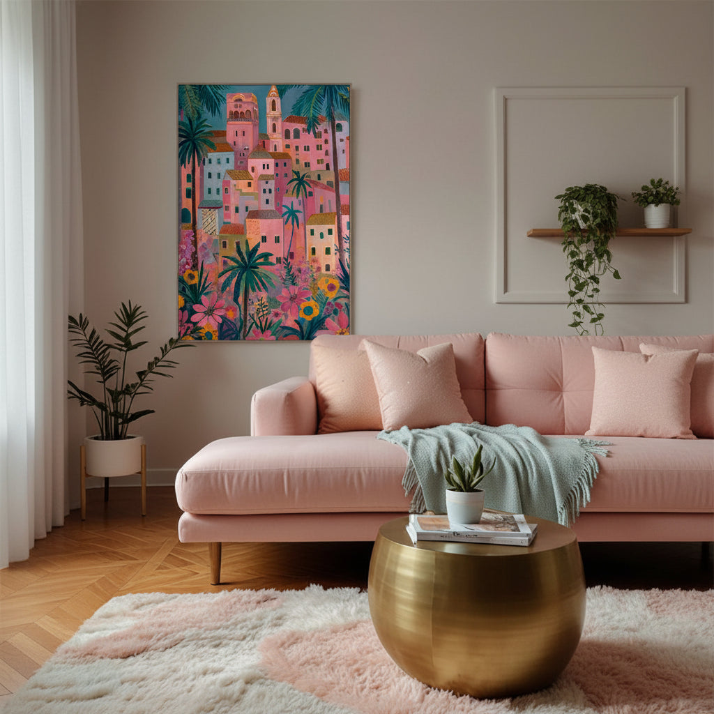 A colourful framed wall art print depicting a tropical hillside village with pink buildings and palm trees | KULORI