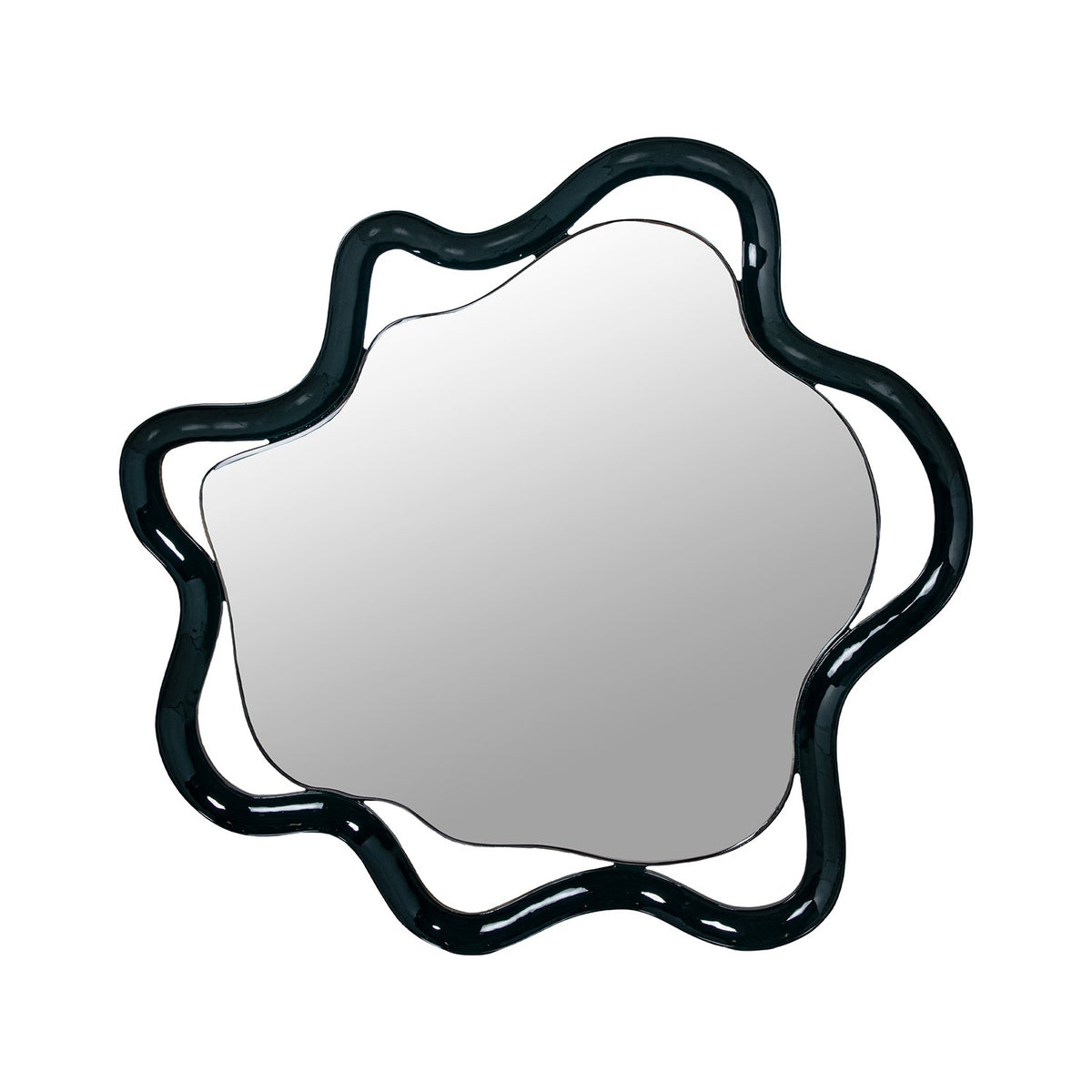 An organic-shaped wall mirror with a thick, glossy dark green wavy frame.