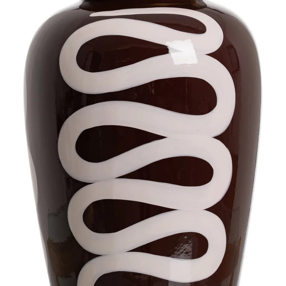 A glossy dark brown ceramic vase featuring a thick, wavy white spiral pattern wrapped vertically around its body | KULORI Malta & Gozo