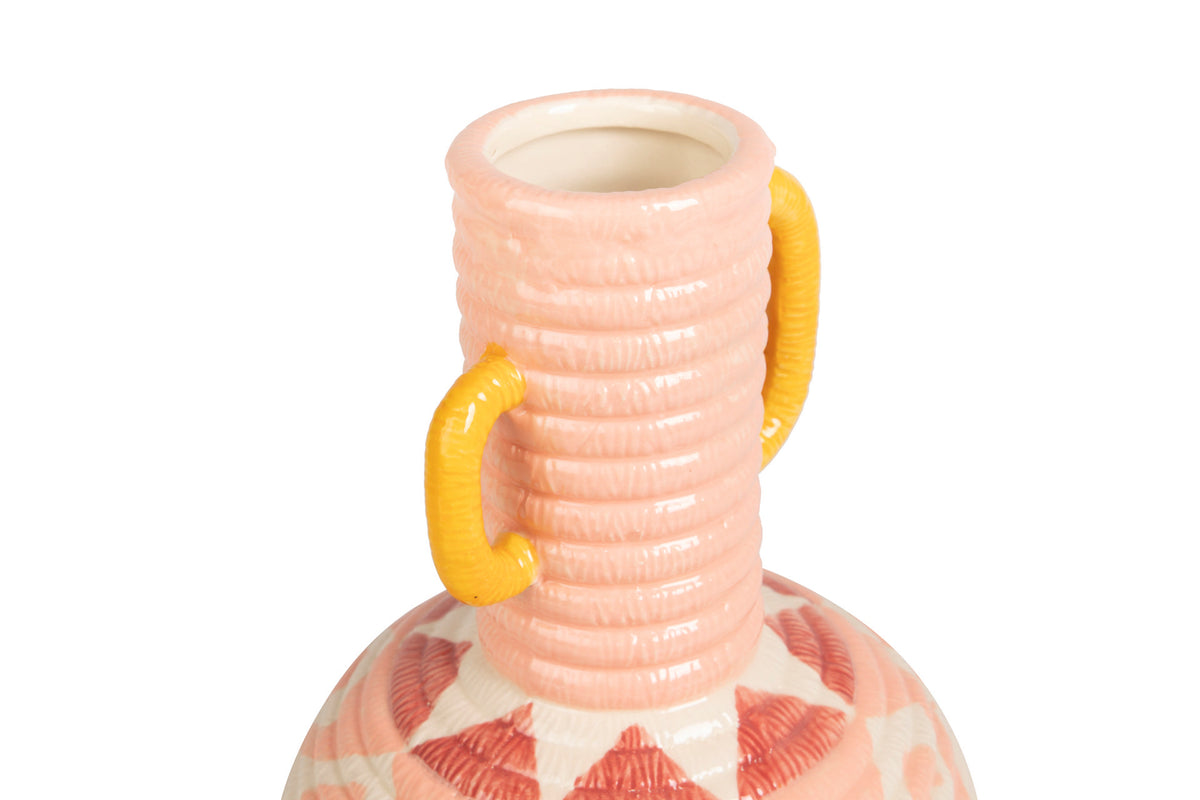 Close-up of a ceramic vase with a ribbed pink neck, two yellow loop handles, and a patterned base in pink, white, and red on a white background  | KULORI Malta & Gozo