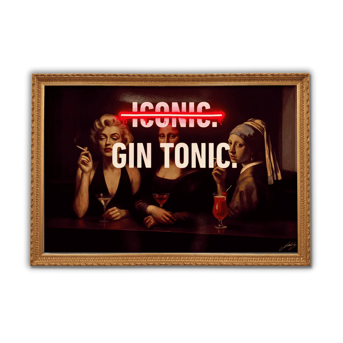 A framed art print featuring three women at a table with drinks and the text 'ICONIC. GIN TONIC.