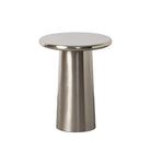 A modern round side table with a brushed metallic silver base and a flat circular top | KULORI Malta & Gozo