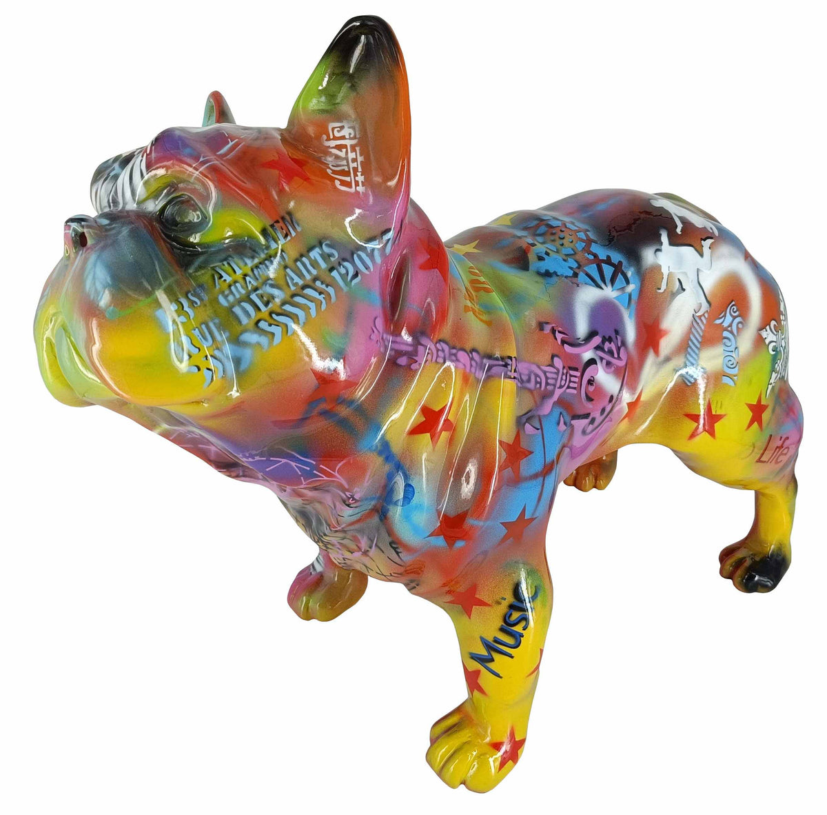 colourful bulldog sculpture with graffiti-style text and designs | KULORI