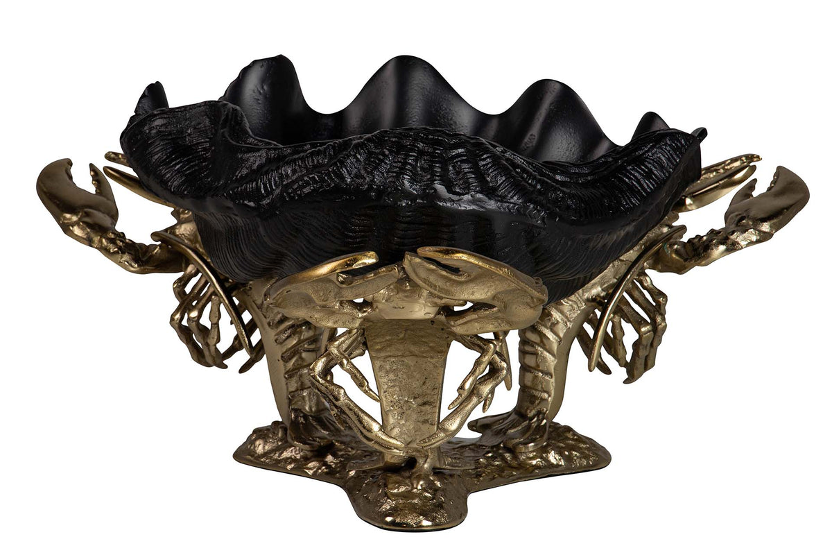 A decorative shell-shaped bowl with a black textured interior and a gold-toned lobster-themed base | KULORI