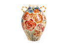 A hand-painted ceramic vase with two loop handles, featuring a vibrant floral pattern of orange, red, and pink roses with green stems