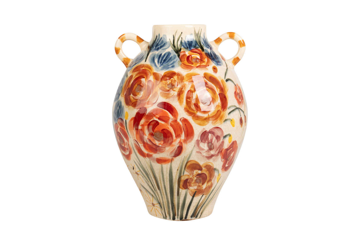 A hand-painted ceramic vase with two loop handles, featuring a vibrant floral pattern of orange, red, and pink roses with green stems
