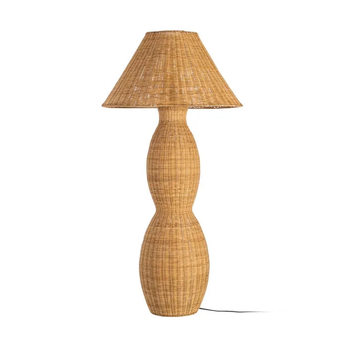 A natural woven rattan table lamp with a distinctive hourglass-shaped base and a matching tapered lampshade | KULORI Malta & Gozo