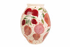 A small ceramic vase with a glossy finish, decorated with a hand-painted pomegranate pattern in red, pink, and brown | KULORI Malta & Gozo