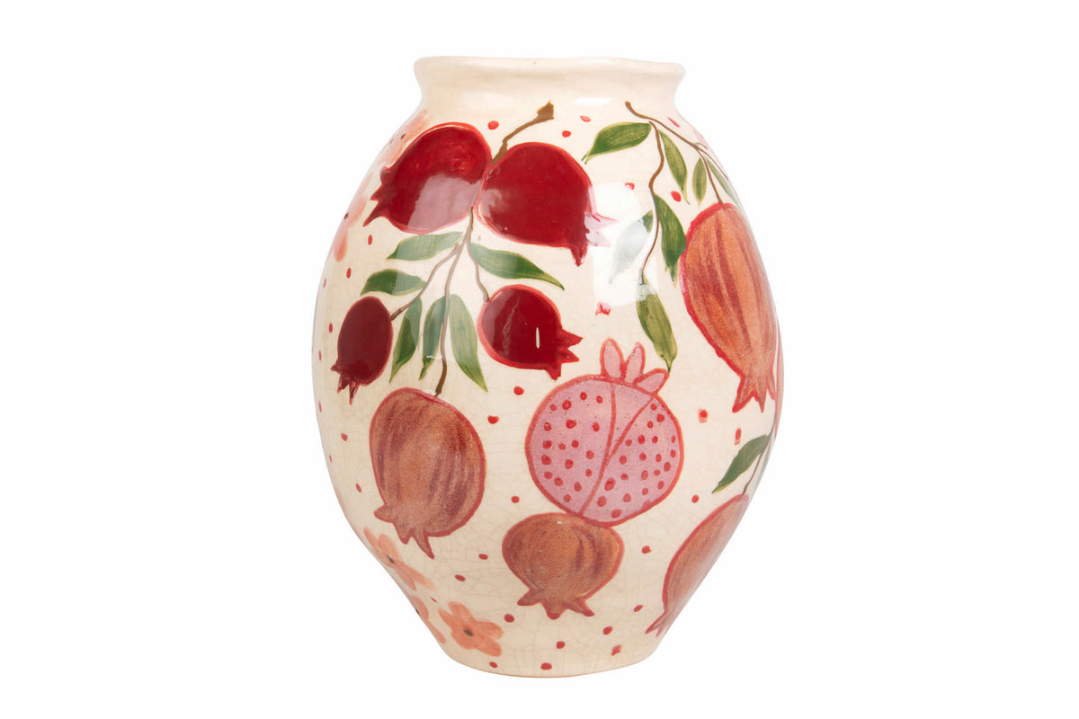 A small ceramic vase with a glossy finish, decorated with a hand-painted pomegranate pattern in red, pink, and brown | KULORI Malta & Gozo