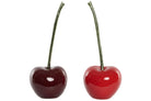 Two glossy red cherries with dark green stems, shown side by side on a plain white background | KULORI