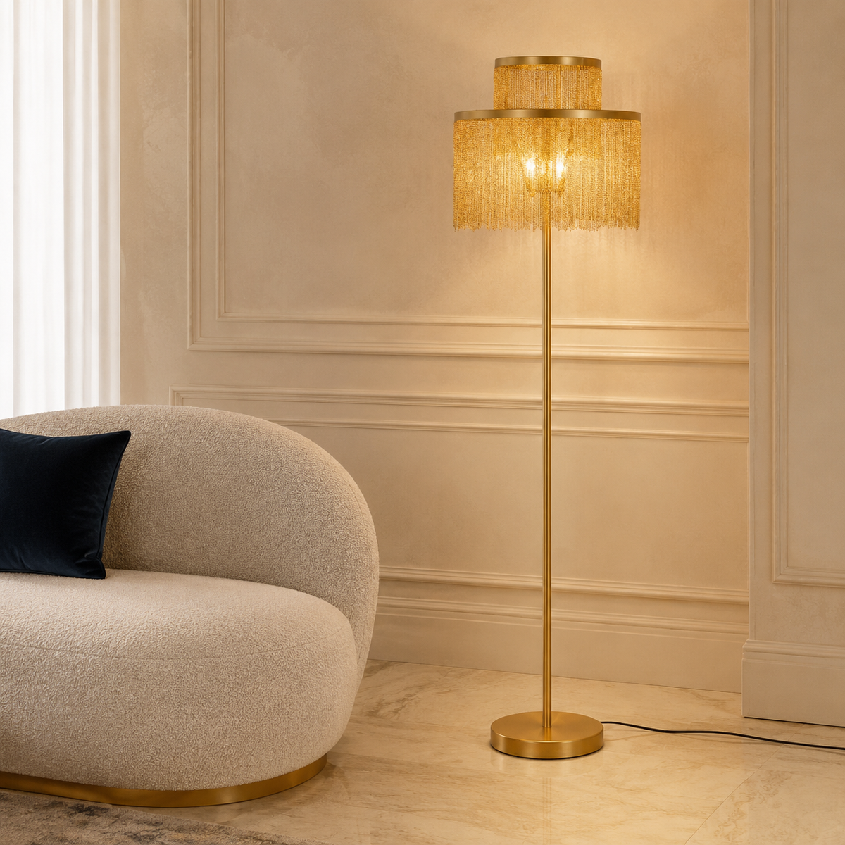 A modern floor lamp with a gold metal stand and two stacked cylindrical shades covered in shimmering gold fringe, glowing with warm light in a styled interior next to a curved cream sofa.